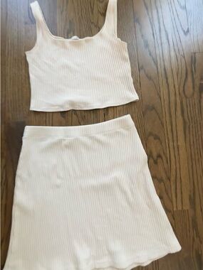 Reformation Cream Ribbed Tank and Skirt Set